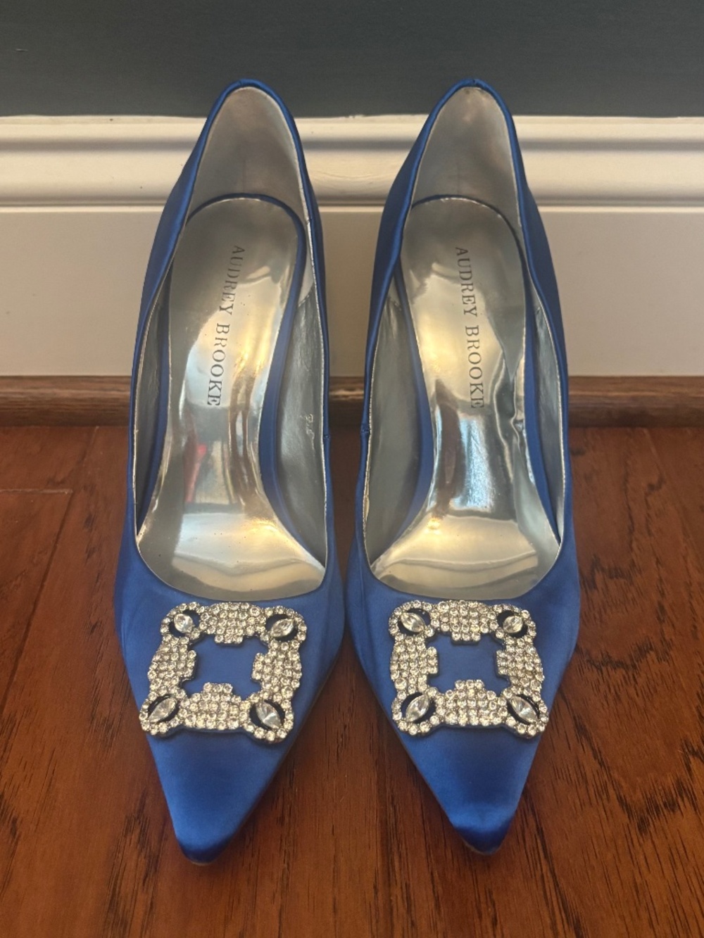 SATC-Inspired Blue Satin Pumps with Rhinestone Detail
